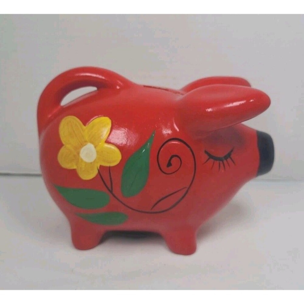 Vintage Kitschy Red Piggy Bank MCM Retro Flower Power w/Stopper Ceramic Chips